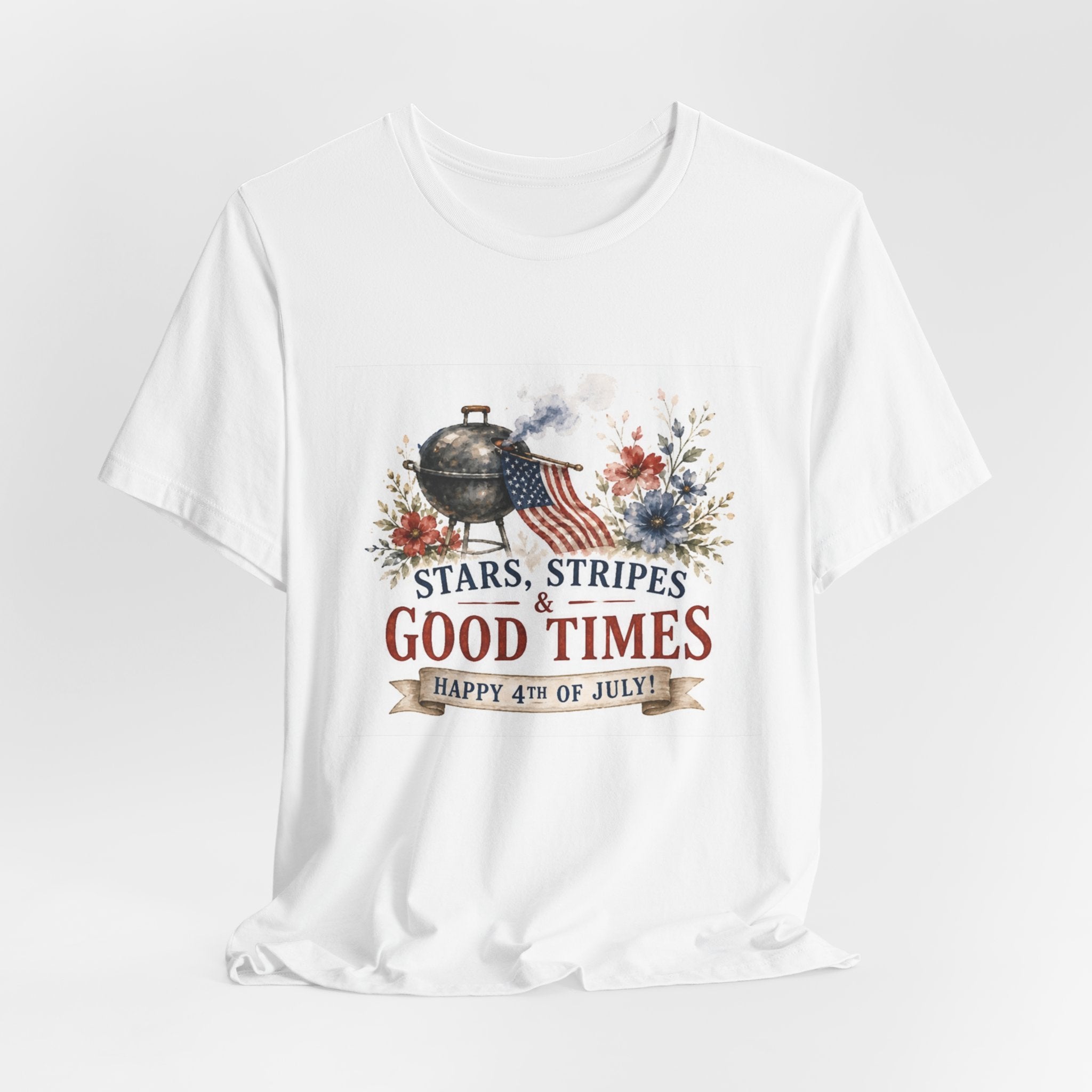 White t-shirt with "Stars, Stripes & Good Times" and grill graphic.