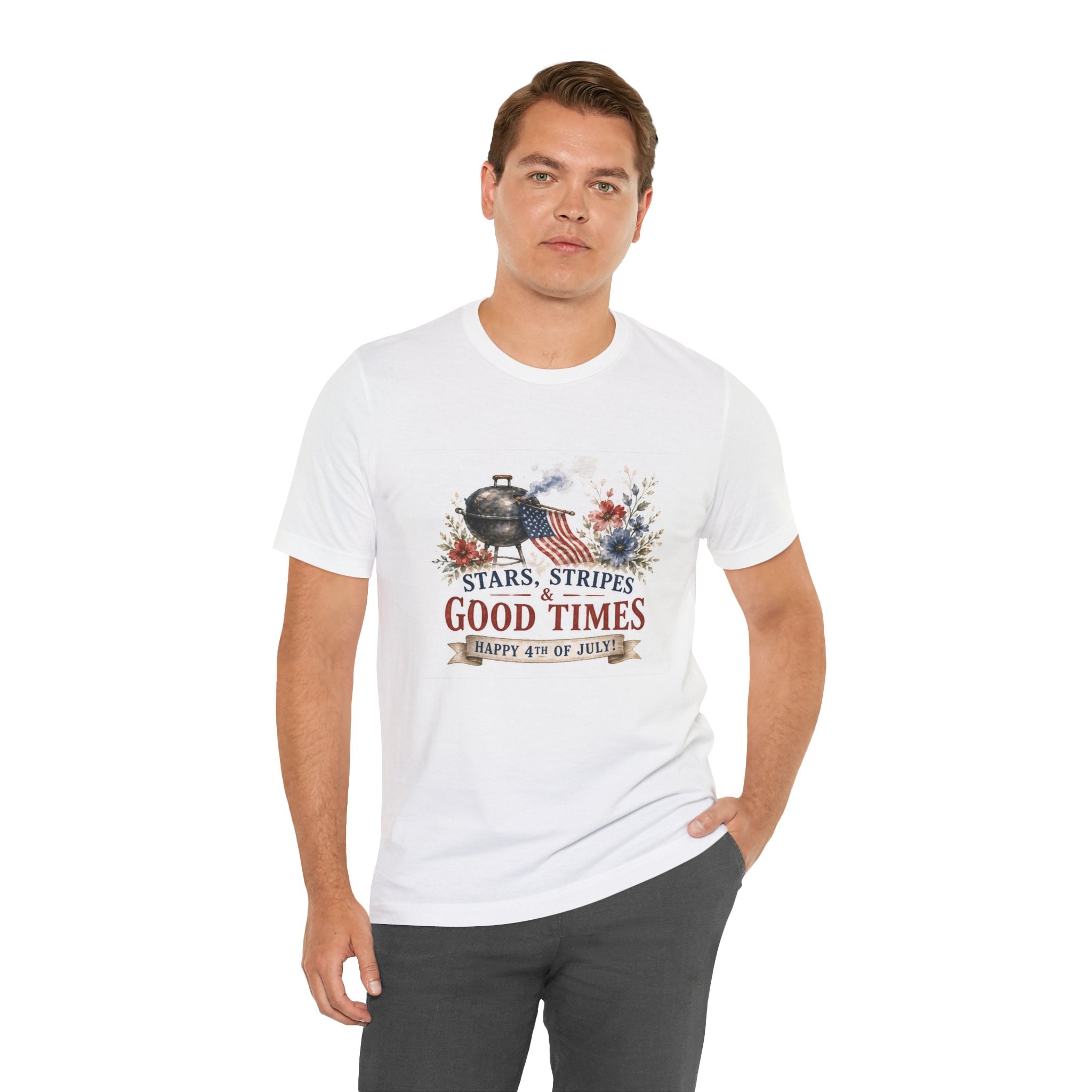 Man in white t-shirt with "Stars, Stripes & Good Times" graphic.