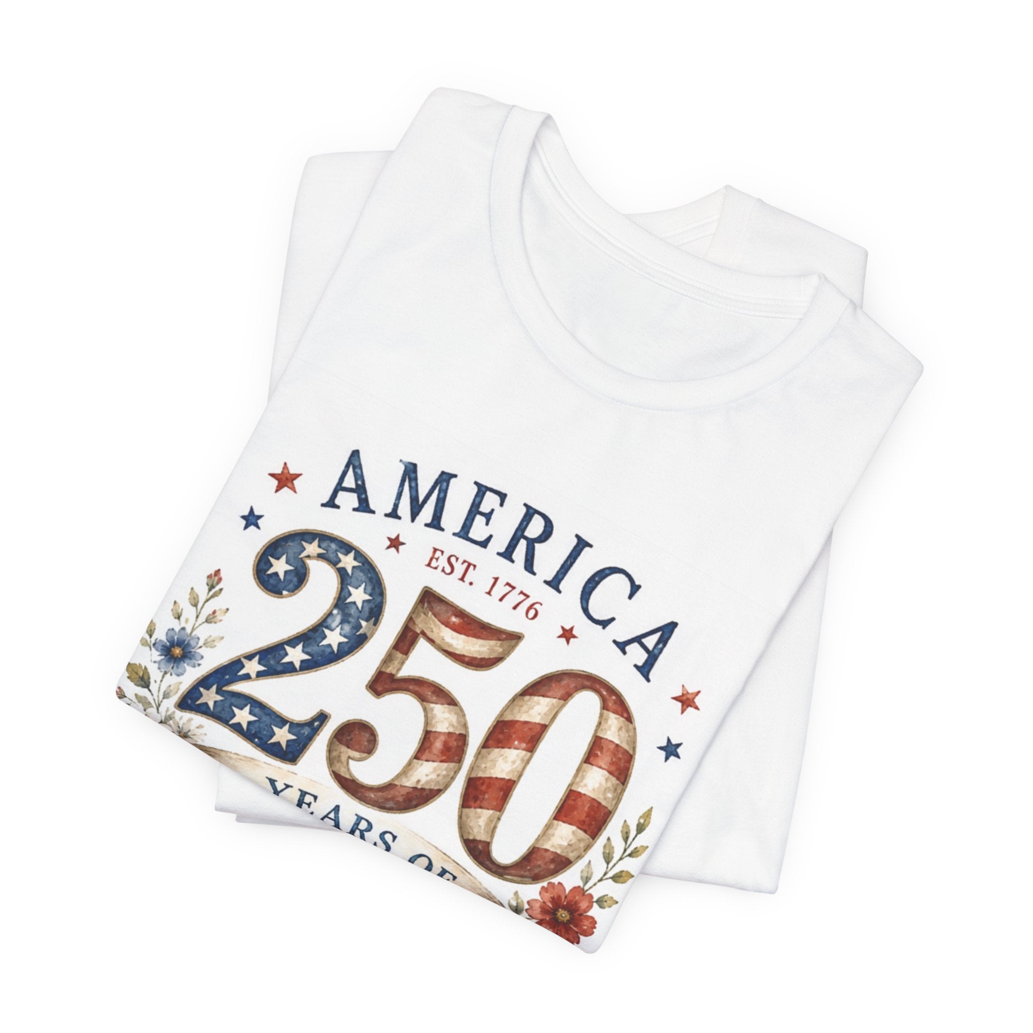 White t-shirt with "America 250 EST. 1776" and patriotic flag design.