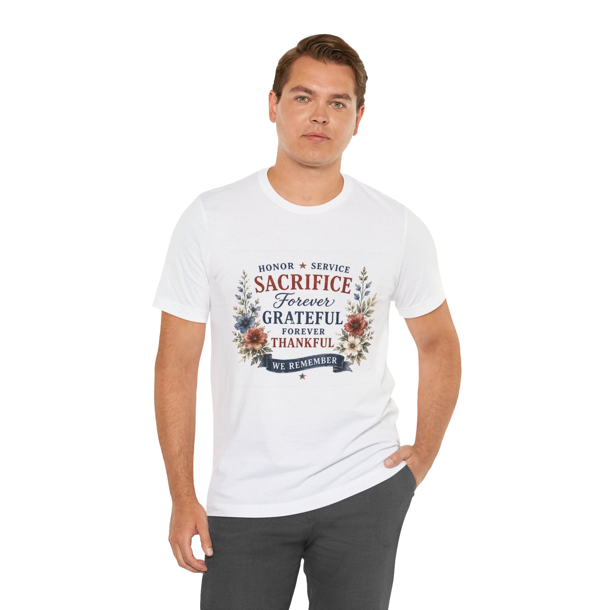 White t-shirt with "Honor Service Forever Grateful We Remember" patriotic graphic.