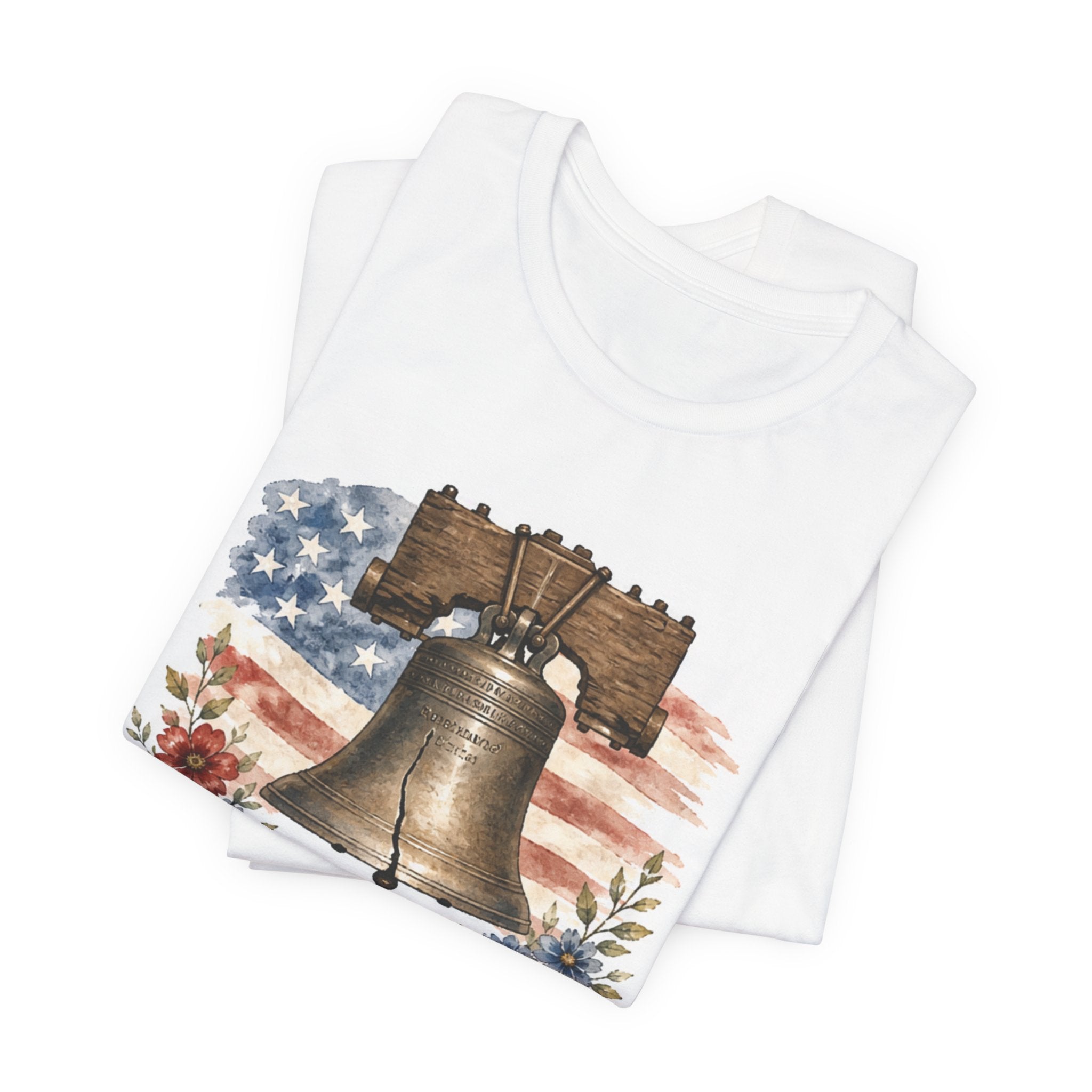 White t-shirt with Liberty Bell and US flag watercolor design.