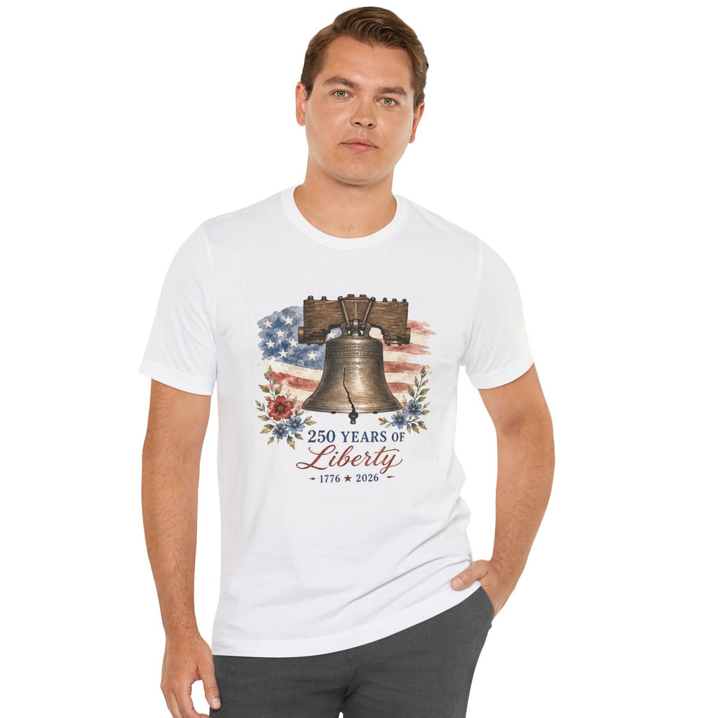 White t-shirt with Liberty Bell, American flag, and "250 Years of Liberty" text.