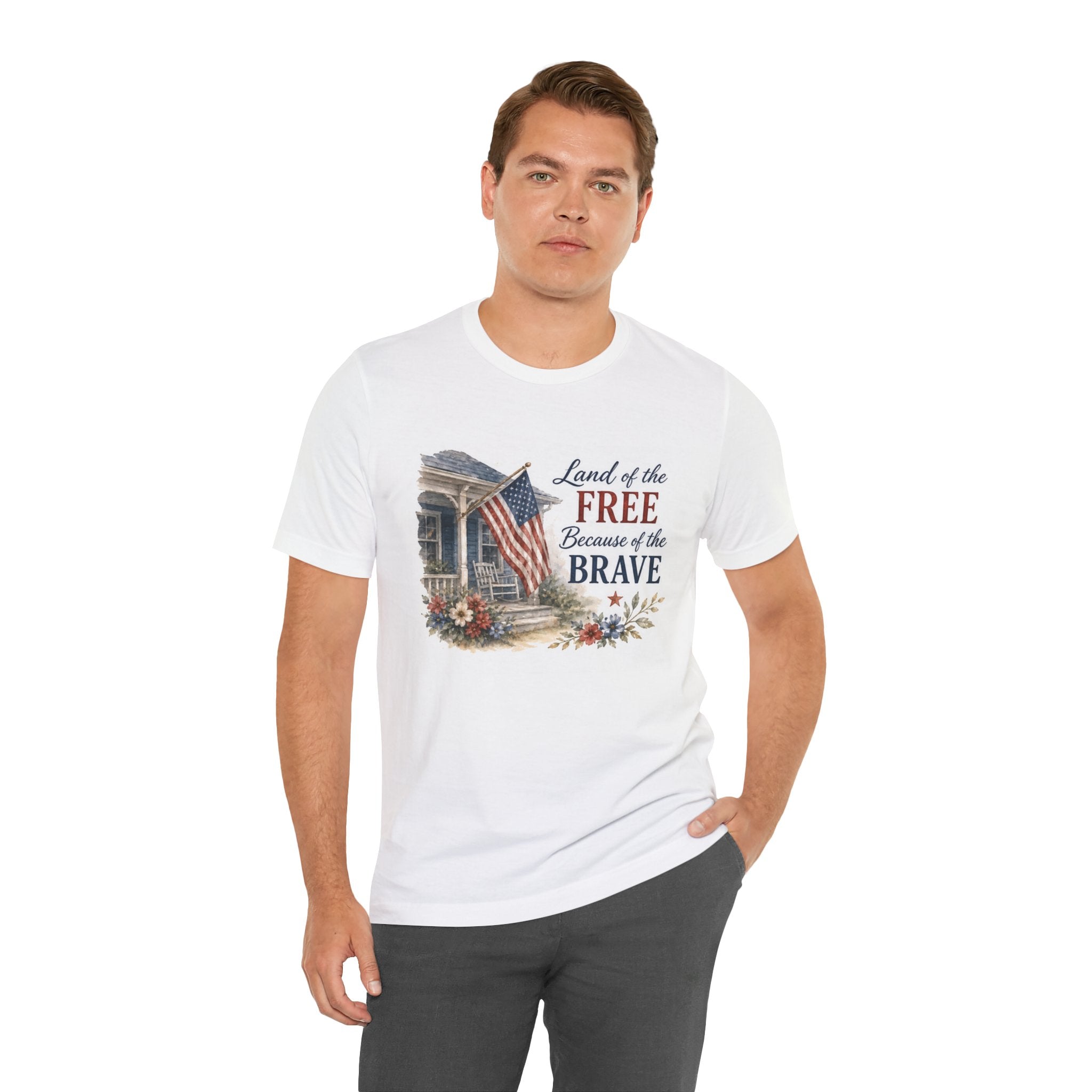 White t-shirt with "Land of the Free Because of the Brave" text and patriotic graphic.