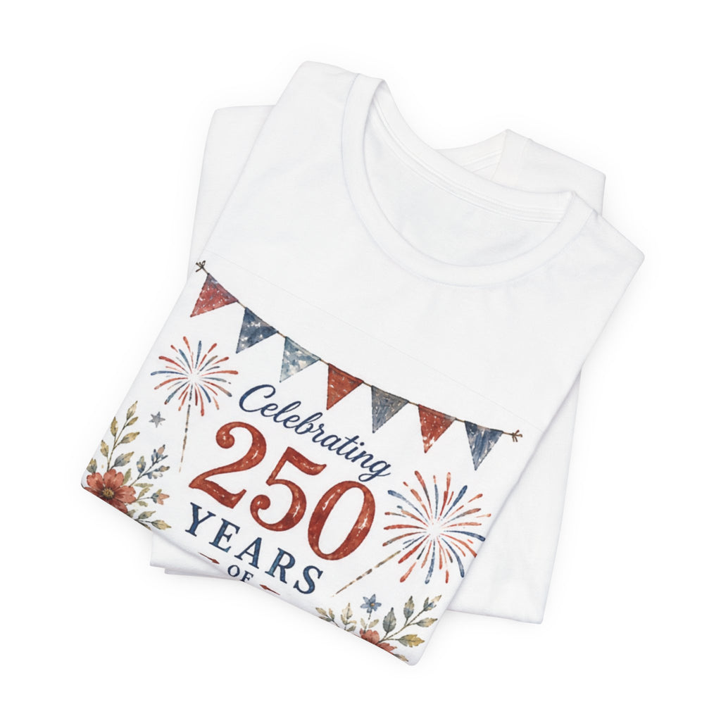 White t-shirt with "Celebrating 250" text and festive American flag bunting.