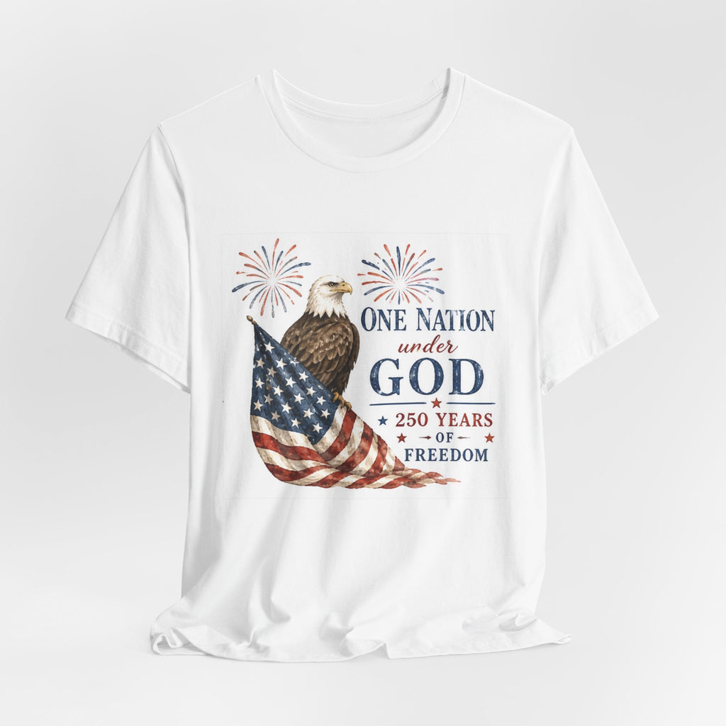 White t-shirt with eagle, US flag, fireworks, and "One Nation under God 250 Years of Freedom".